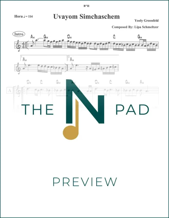 Sheet music for "Uvayom Simchaschem" by Greenfeld, published by The Notation Pad, featuring a lead sheet on a music stand.
