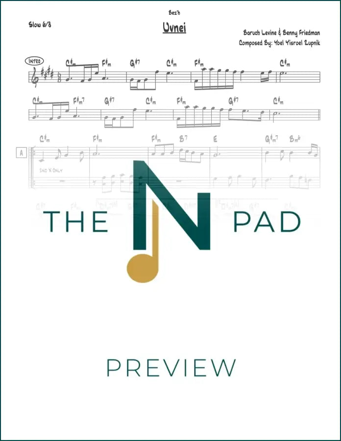 Sheet music lead sheet titled "Uvnei" by The Notation Pad, featuring musical notes and staff lines on white paper.