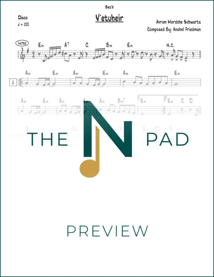 Sheet music for "V'etuheir" by Avrum Mordche, published by The Notation Pad, featuring musical notes on a lead sheet.