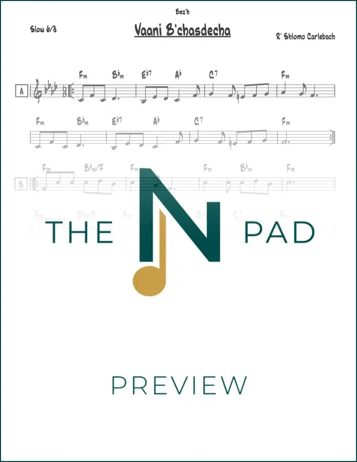 Vaani Bechasdecha Carlebach sheet music by The Notation Pad, featuring a lead sheet with musical notation and lyrics.