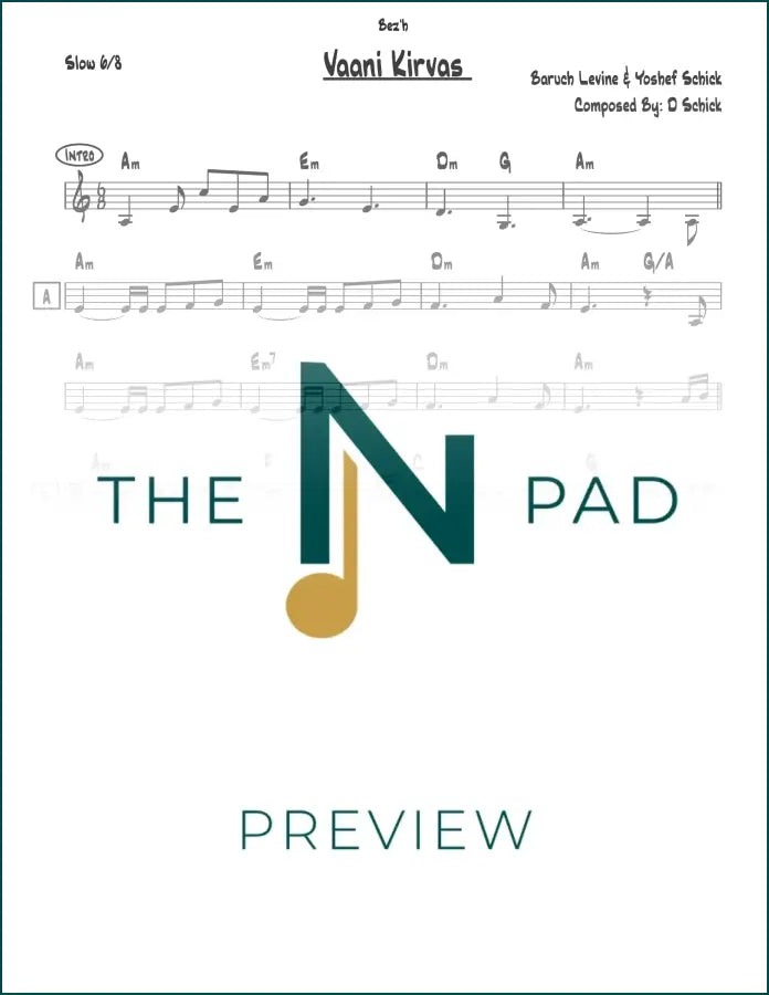 Vaani Kirvas Levine sheet music by The Notation Pad, showing a lead sheet with musical notes and lyrics on white paper.
