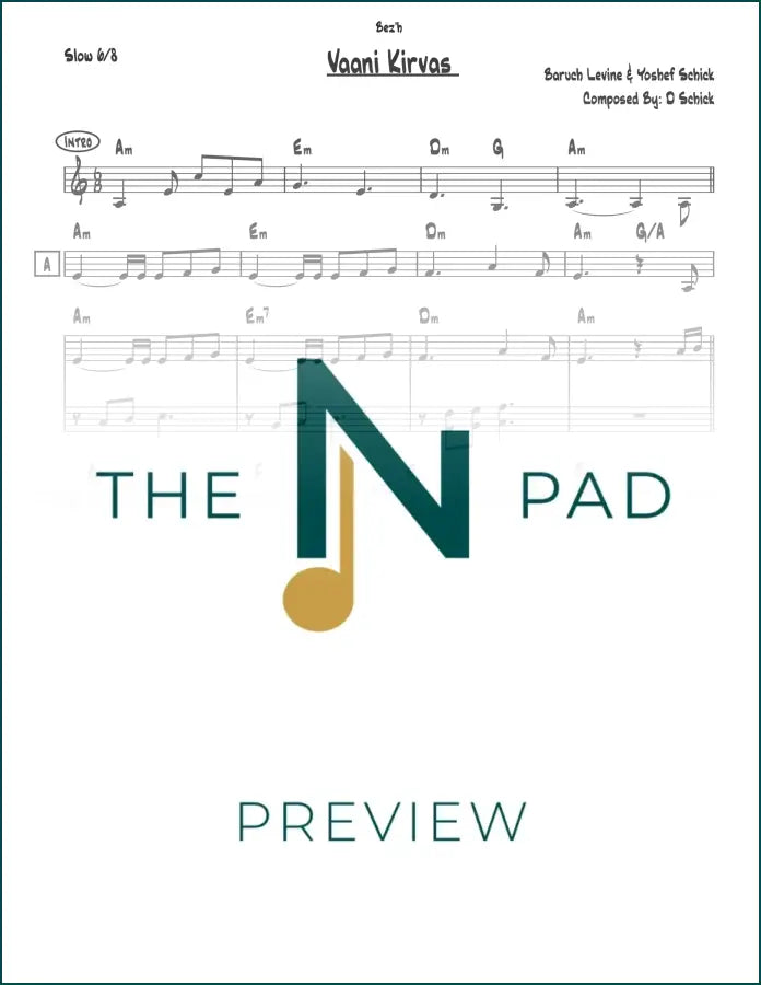 Sheet music for "Vaani Kirvas" by Levine, published by The Notation Pad, showing musical notes on a standard sheet.