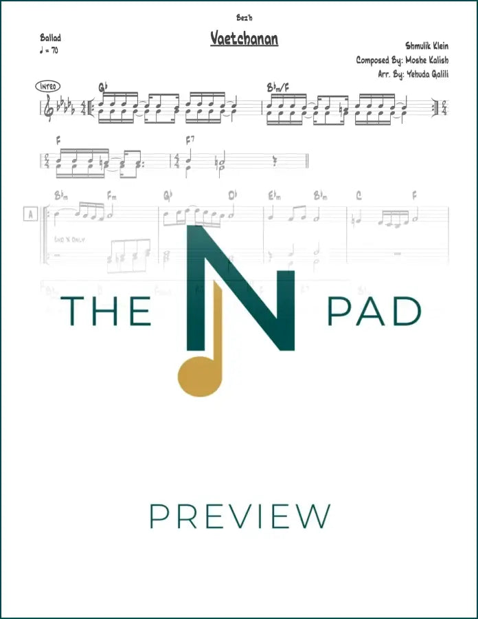 Sheet music for "Vaetchanen" by Shmulik Klein, published by The Notation Pad, showing musical notes on a lead sheet.