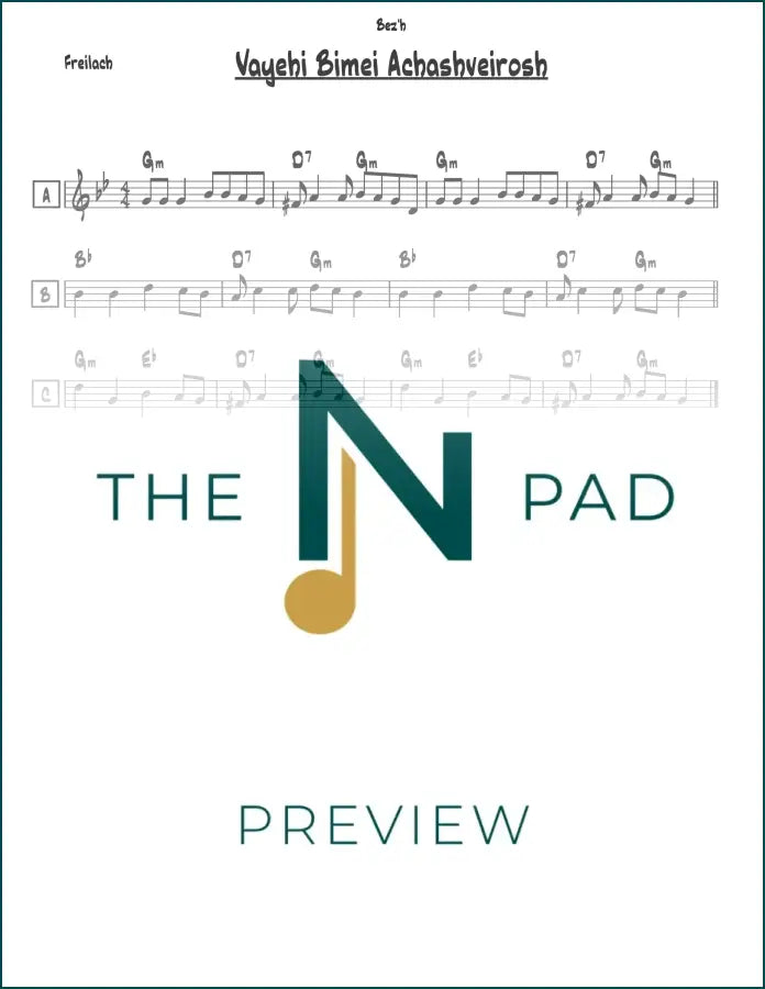 Sheet music sheet for "Vayehi Bimei Achashveirosh" by The Notation Pad, featuring musical notes and lead sheet layout.