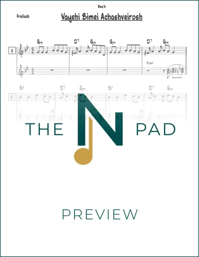 Sheet music for "Vayehi Bimei Achashveirosh" by The Notation Pad, featuring lead sheet with musical notation and lyrics.