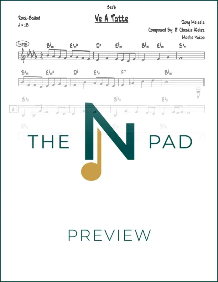 Sheet music titled Ve A Tatte by Cheskie Weisz, published by The Notation Pad, showing musical notes on a lead sheet.