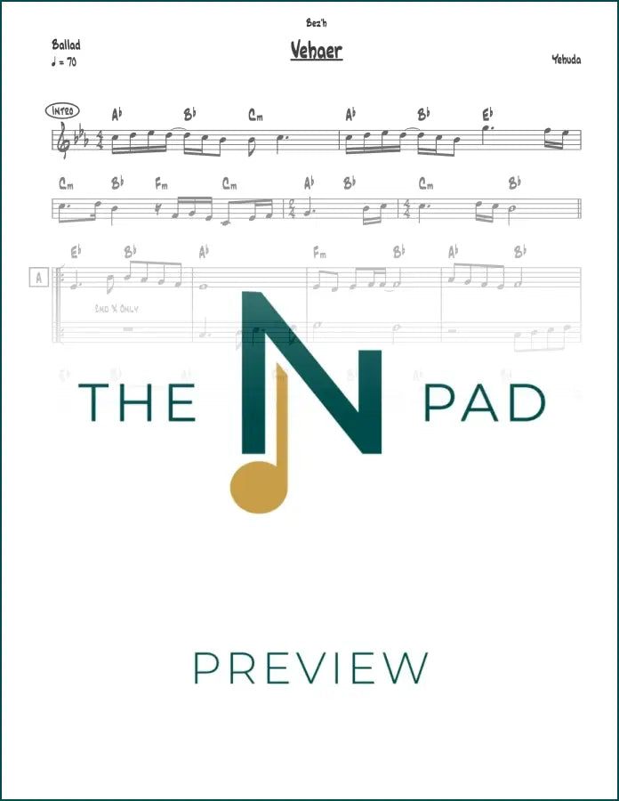 Sheet music titled "Vehaer" from The Notation Pad, featuring lead sheet with musical notes and staff lines.