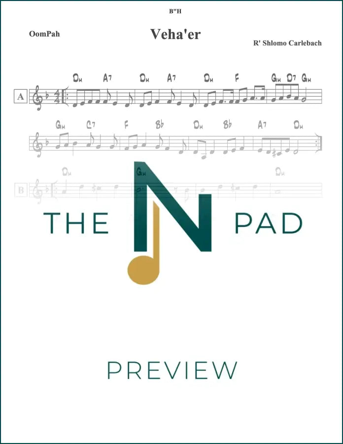 Sheet music for "Vehaer" by Carlebach, published by The Notation Pad, showing musical notes on a printed lead sheet.