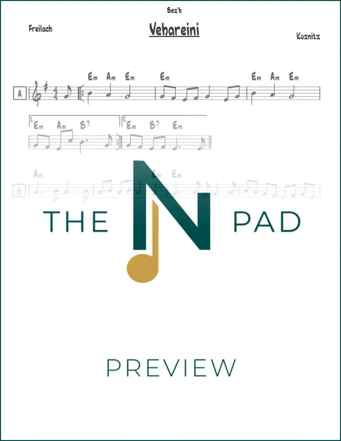 Sheet music for Vehareinu by Kuznitz, published by The Notation Pad, featuring lead sheet with musical notation on a white background.