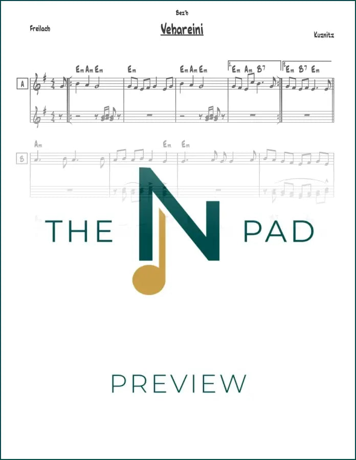 Sheet music for Vehareinu - Kuznitz by The Notation Pad, featuring a lead sheet with musical notation on a clean background.