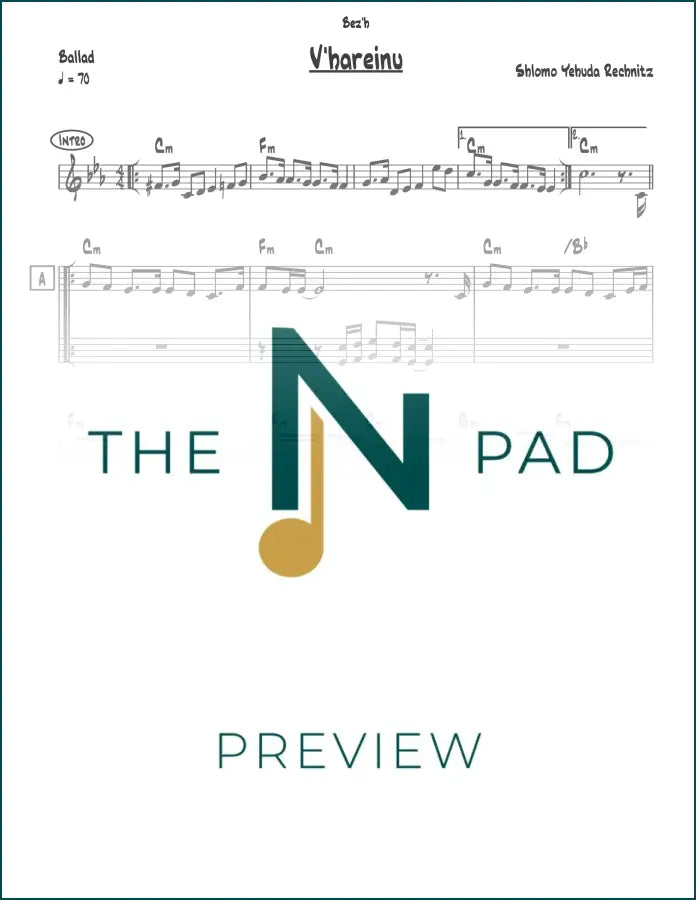 Sheet music lead sheet for "Vehareinu - Rechnitz" by The Notation Pad, featuring musical notation on a clean sheet.