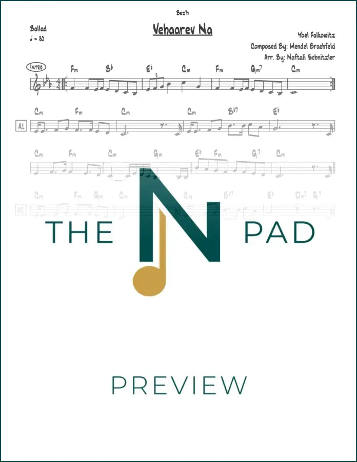 Sheet music for Veharev Nu by Falkowitz from The Notation Pad, featuring a lead sheet with musical notation on a white background.