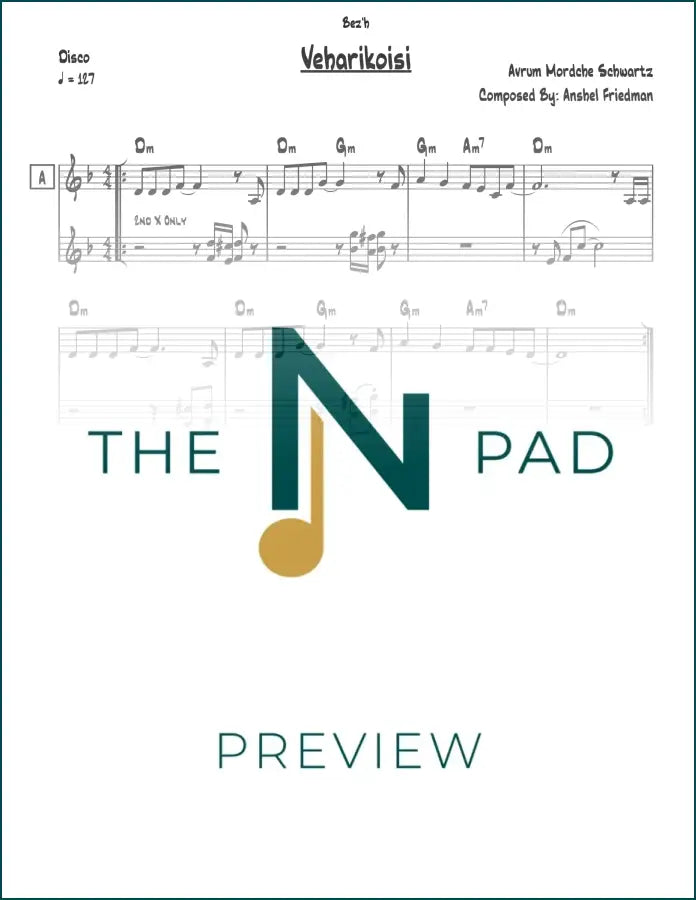 Sheet music for "Veharikosi" by Avrum Mordche, published by The Notation Pad, showing musical notes on a lead sheet.