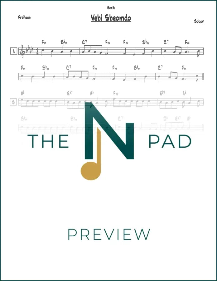 Sheet music for Vehi Sheomdo by Bobov, published by The Notation Pad, showing musical notes on a printed lead sheet.