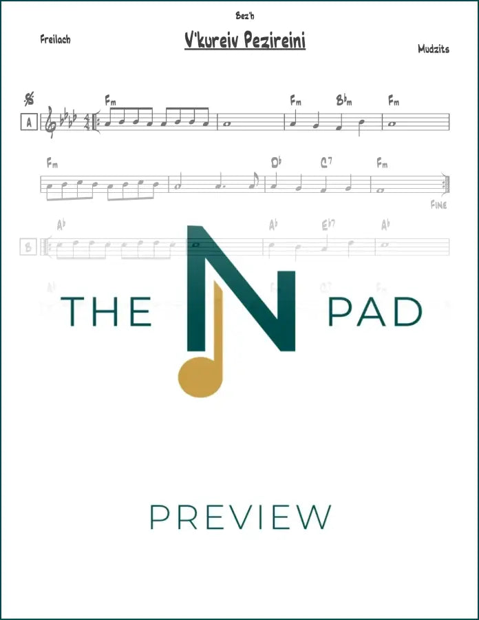 Sheet music for "Vekureiv Pezireini" by Modzitz from The Notation Pad, showing musical notation on a clean sheet.