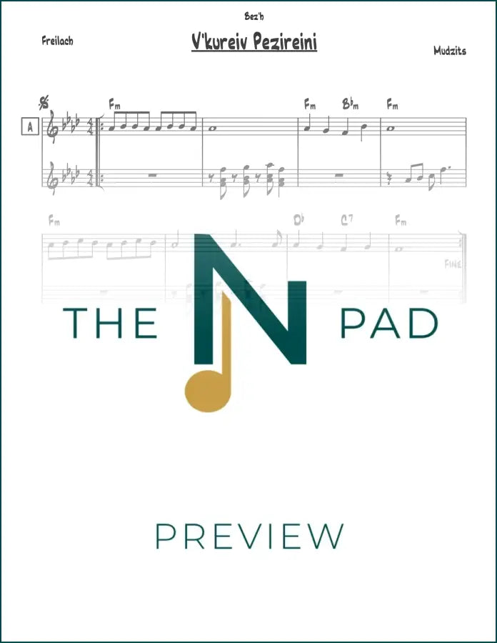 Sheet music for Vekureiv Pezireini by Modzitz from The Notation Pad, showing musical notation on a printed lead sheet.