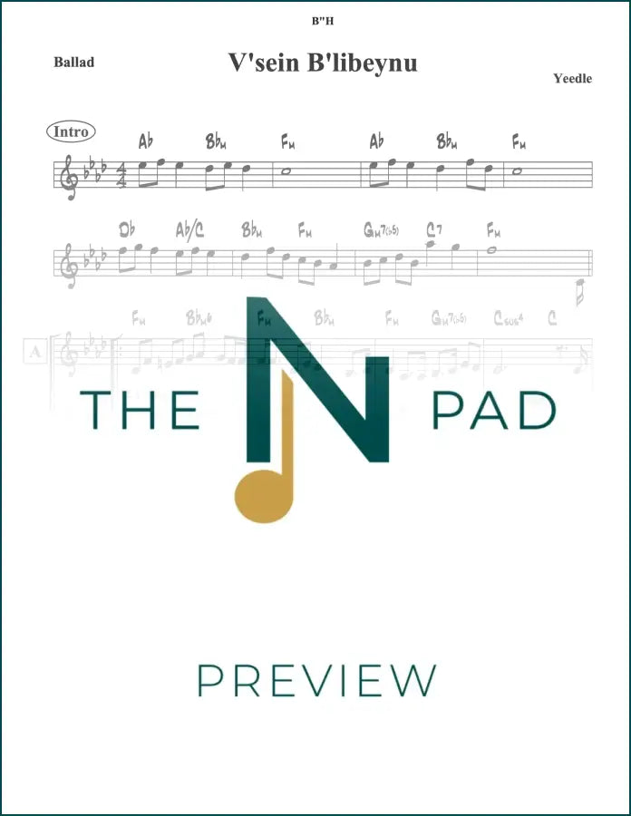 Sheet music for "Vesein Belibeinu" by The Notation Pad, showing musical notes on a lead sheet.