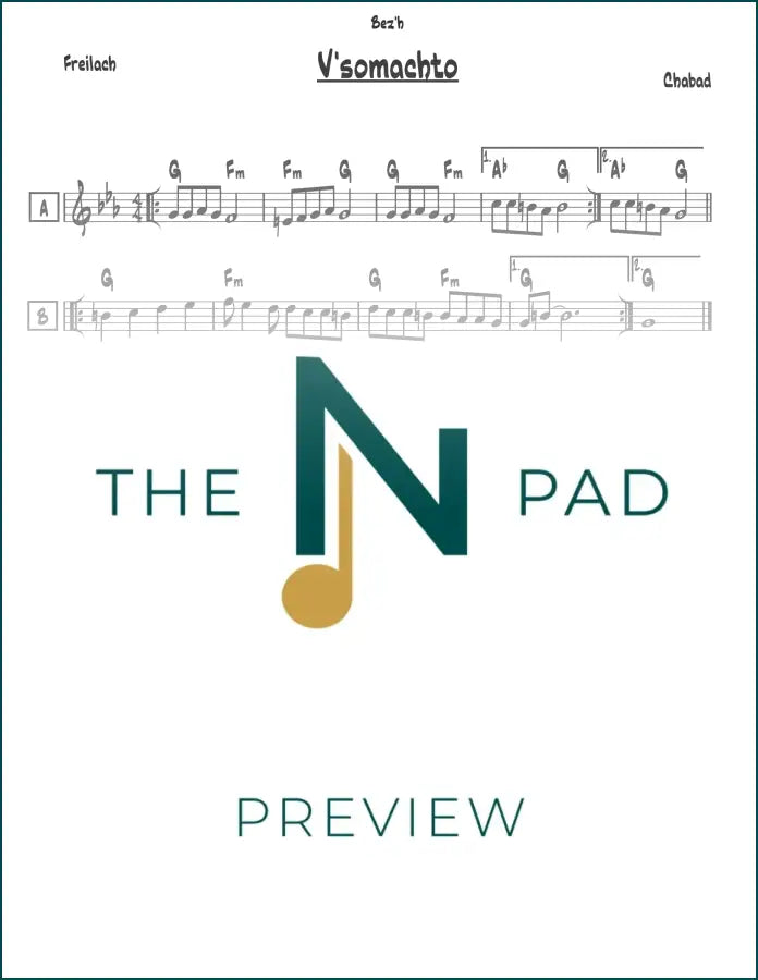 Sheet music for Vesomachto in Chabad Major by The Notation Pad, showing musical notes on a printed lead sheet.