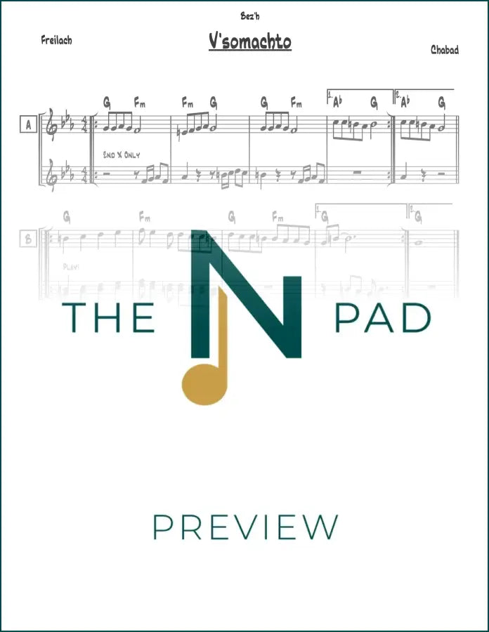 Sheet music for Vesomachto - Chabad (Major) by The Notation Pad, showing musical notes on a lead sheet.