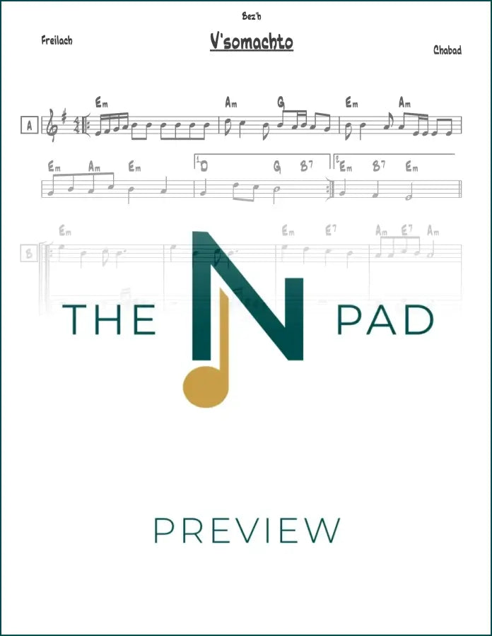 Sheet music for Vesomachto in Chabad Minor by The Notation Pad, displaying musical notes on a lead sheet.