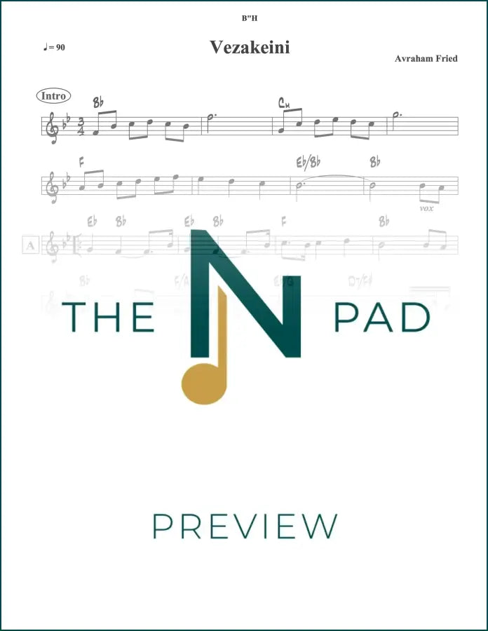 Sheet music for "Vezakeini - Fried" by The Notation Pad, showing musical notes and lead sheet layout on a clean background.
