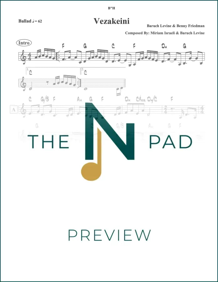 Sheet music for "Vezakeini" by Levine Benny, published by The Notation Pad, featuring a lead sheet with musical notation.
