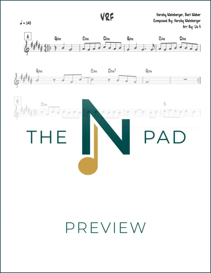 Sheet music lead sheet for "Beri / Hershy" by The Notation Pad, featuring musical notation on the VRF-themed music sheet.