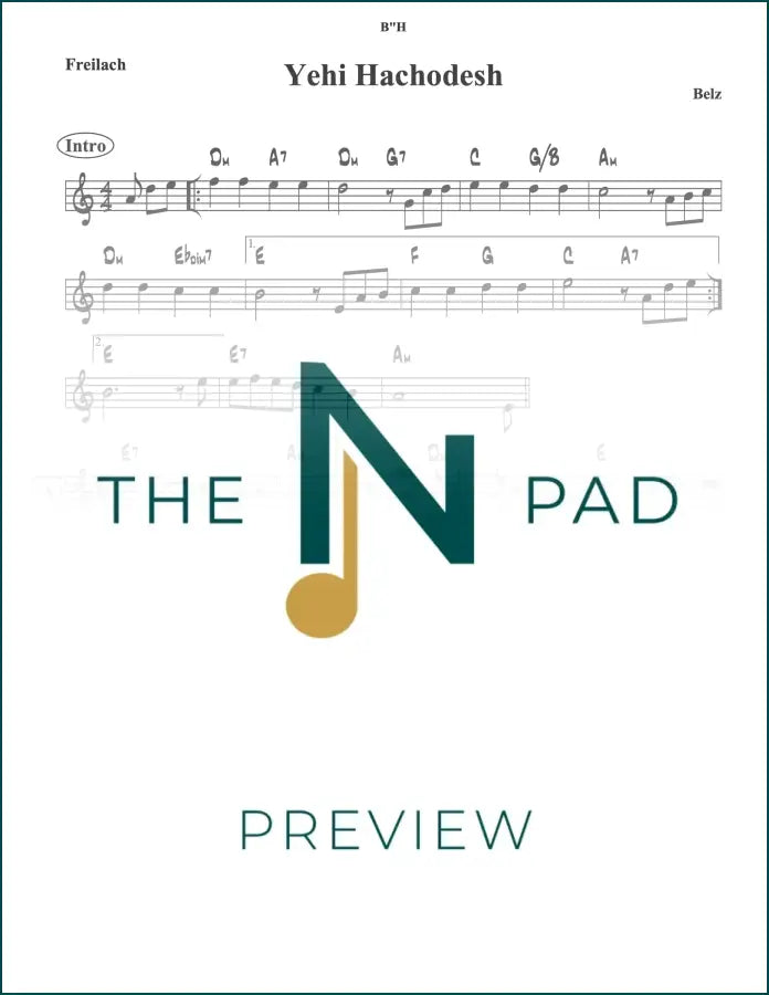 Sheet music for Yehi Hachodesh Belz from The Notation Pad, featuring lead sheet with musical notes and lyrics.