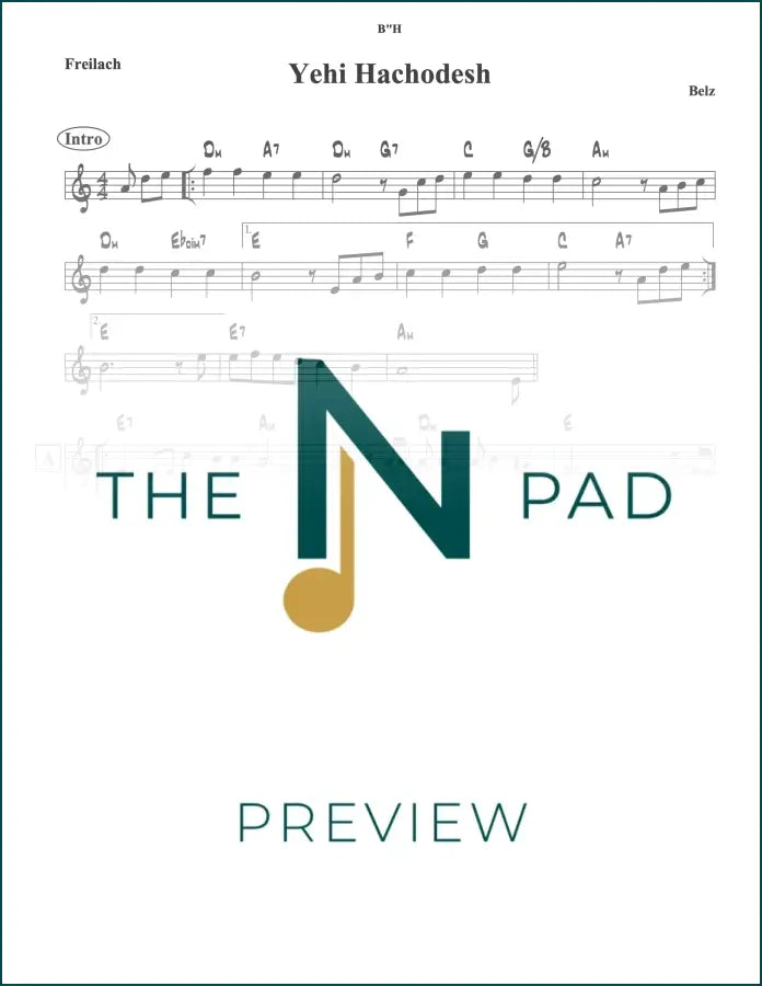 Sheet music for Yehi Hachodesh by Belz, published by The Notation Pad, showing musical notes on a lead sheet.