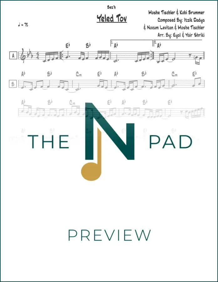 Sheet music titled "Yeled Tov" by Tischler from The Notation Pad, showing musical notes on a lead sheet.