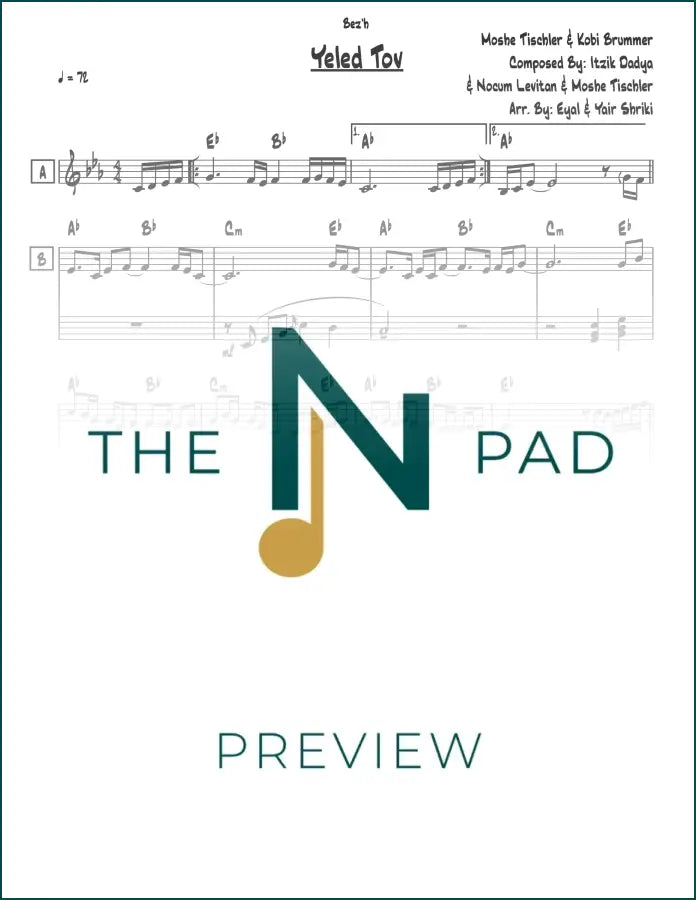 Sheet music for "Yeled Tov" by Tischler from The Notation Pad featuring lead sheet notation and musical staff.