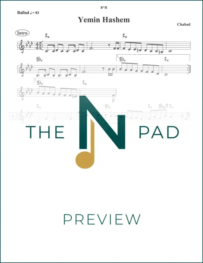 Sheet music for Yemin Hashem from Chabad, published by The Notation Pad, featuring musical notation and lead sheet for prayer.