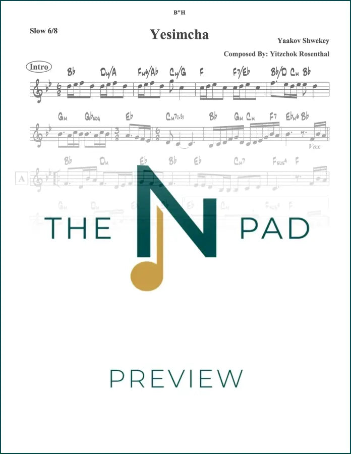 Sheet music for "Yesimcha" by Shwekey, published by The Notation Pad, featuring lead sheet with musical notation.