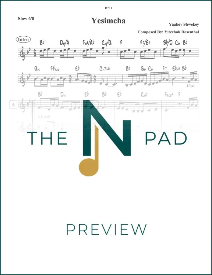 Sheet music for "Yesimcha" by Shwekey from The Notation Pad, showing lead sheet with musical notes and lyrics.