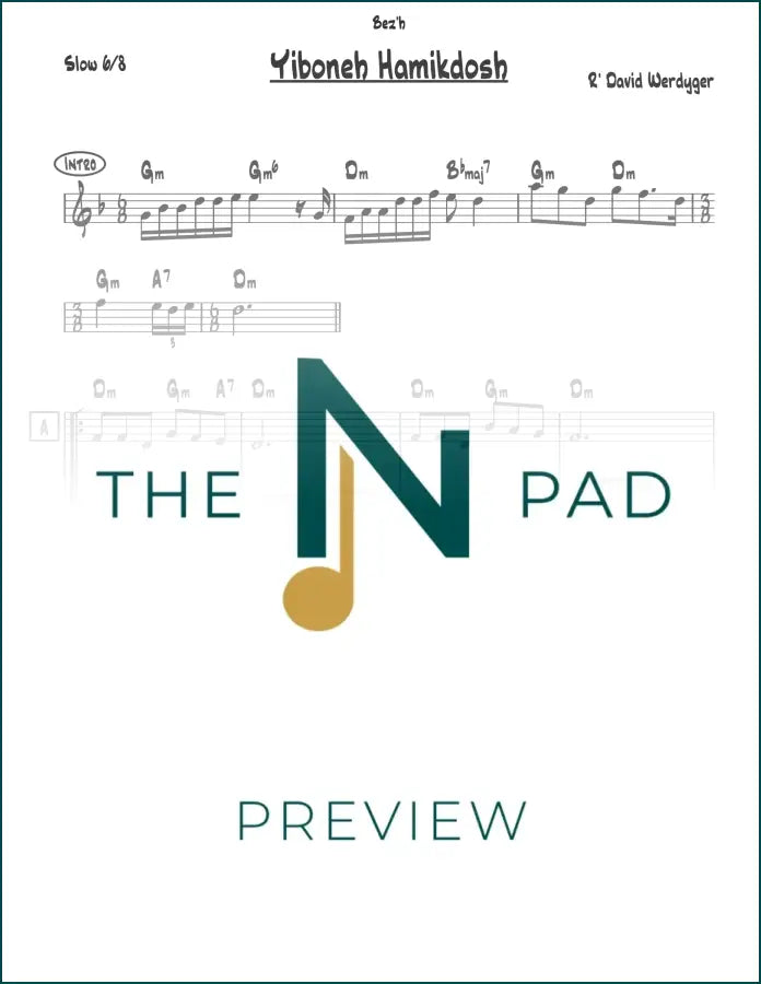 Sheet music for "Yiboneh Hamikdosh" by David Werdyger, published by The Notation Pad, showing musical notation on a digital screen.