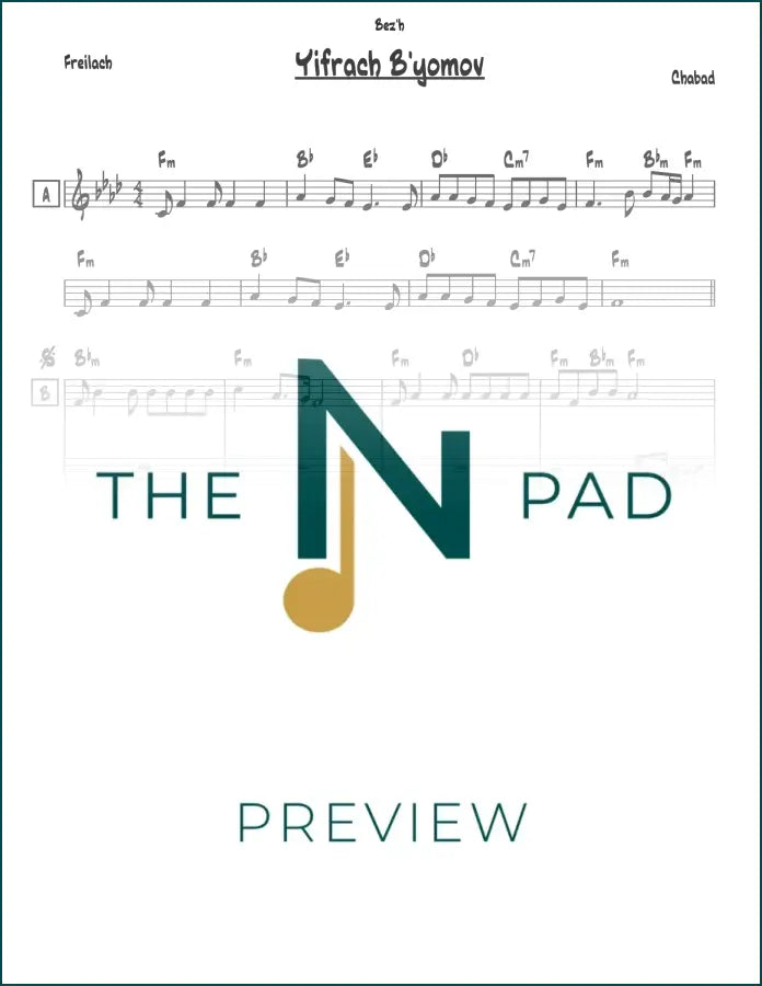 Sheet music titled "Yifrach - Chabad" from The Notation Pad, showing musical notation on a lead sheet for performance.