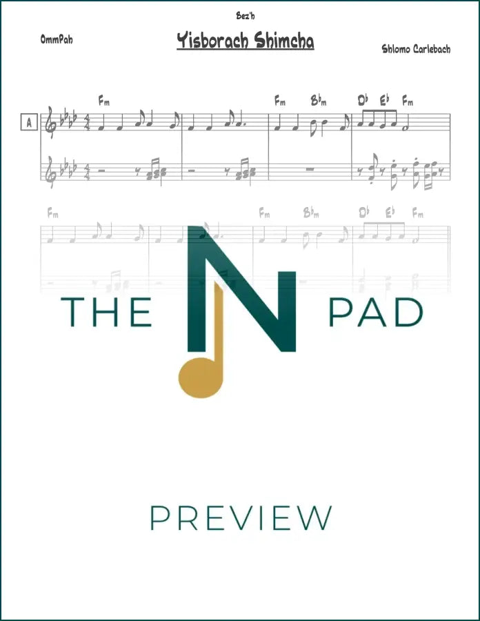 Sheet music titled Yisborach Shimcha by The Notation Pad, featuring a lead sheet with musical notes and lyrics.
