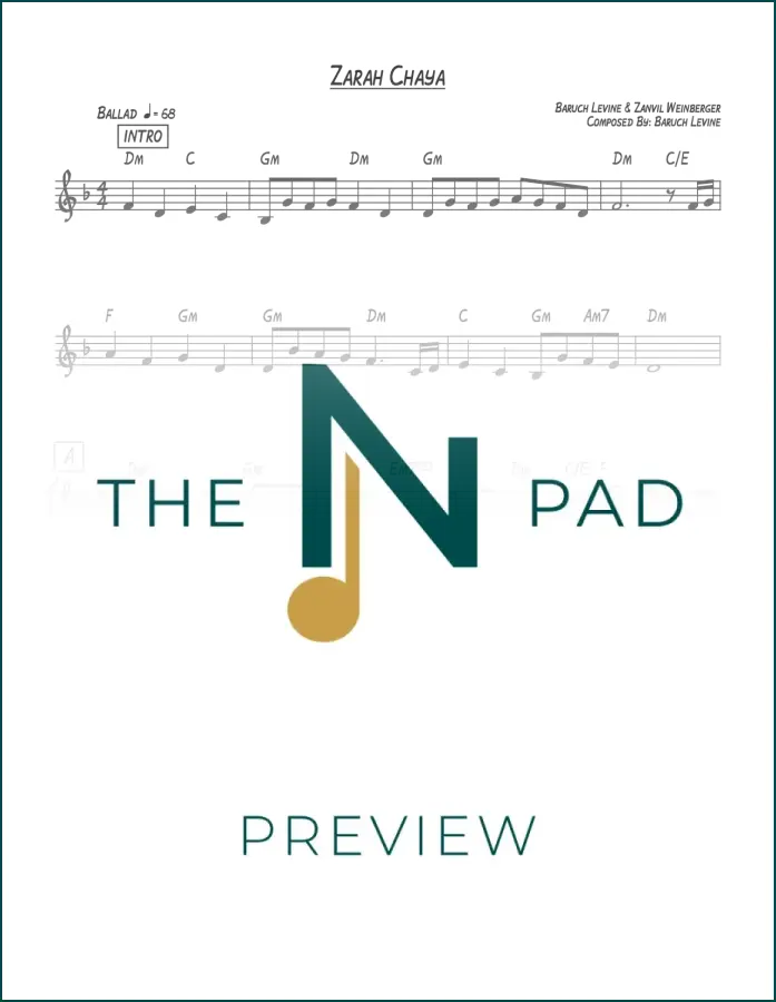 Sheet music for "Zarah Chaya" by Levine & Zanvil, published by The Notation Pad, featuring a lead sheet with musical notation.