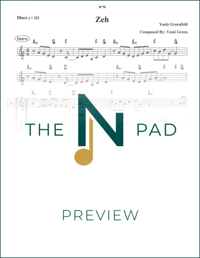 Greenfeld sheet music by Zeh from The Notation Pad, featuring a lead sheet with musical notation on white paper.