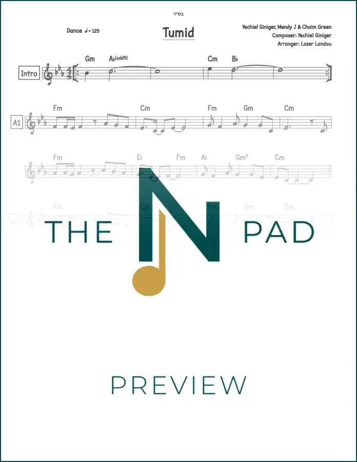 Lead sheet music for "Tumid" by Yechiel Giniger, published by The Notation Pad, featuring musical notation on a sheet.