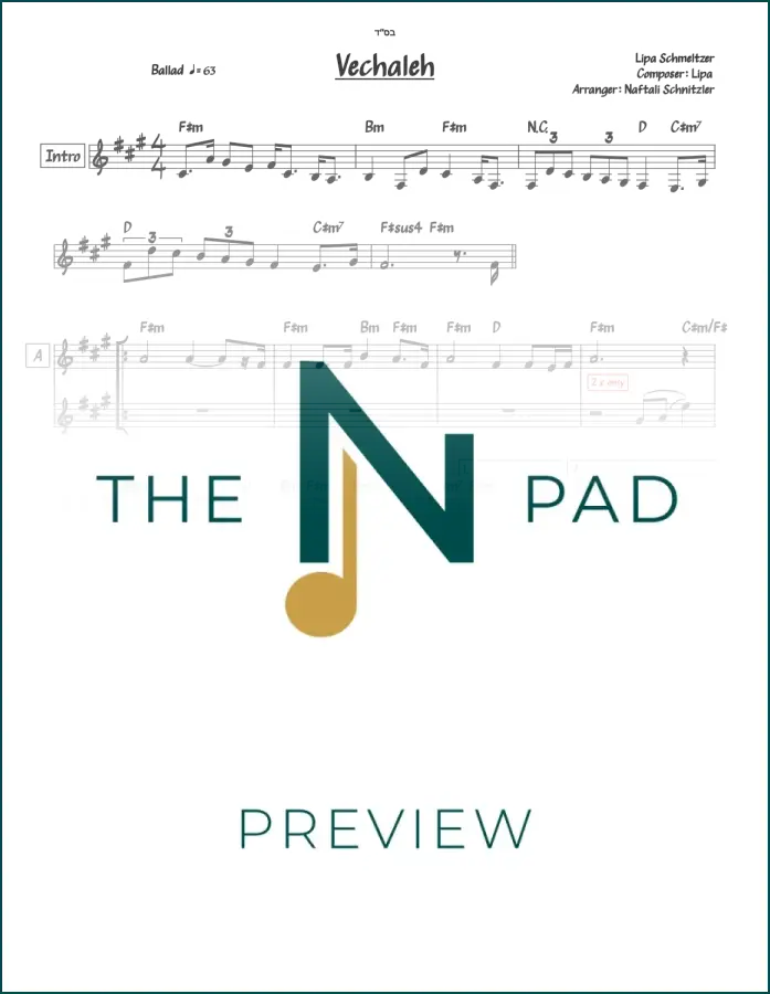 Sheet music for "Vechaleh" by Lipa Schmeltzer, two-line notation from The Notation Pad.