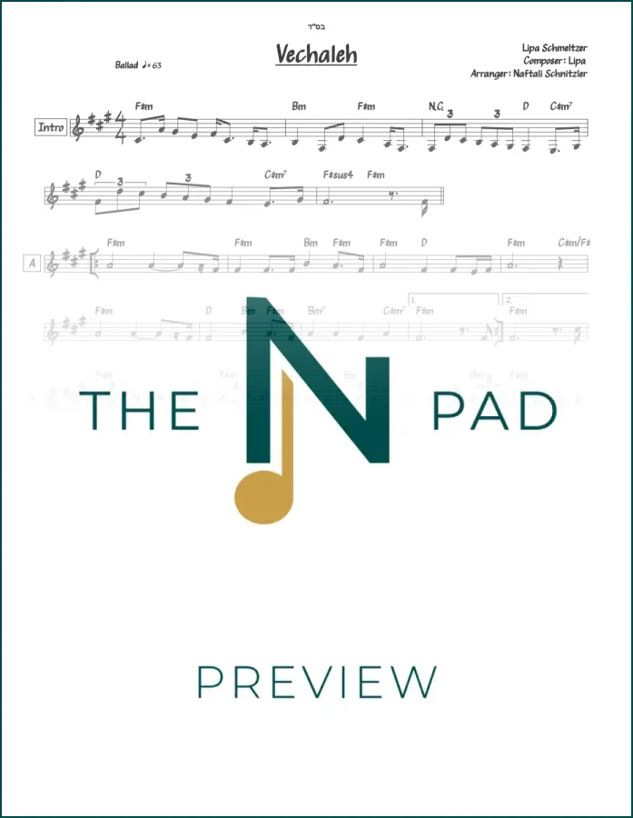 Sheet music for "Vechaleh" by Lipa Schmeltzer, published by The Notation Pad, featuring musical notation on lead sheet.