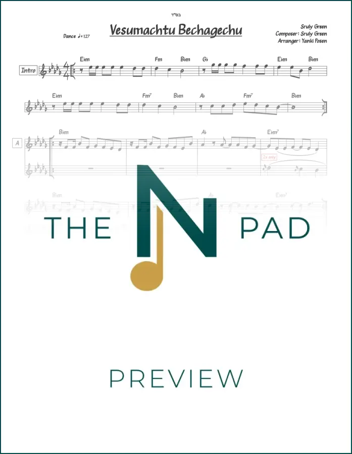 Vesumachtu Sruly Green sheet music by The Notation Pad, featuring a two-liner musical notation and vibrant green design.