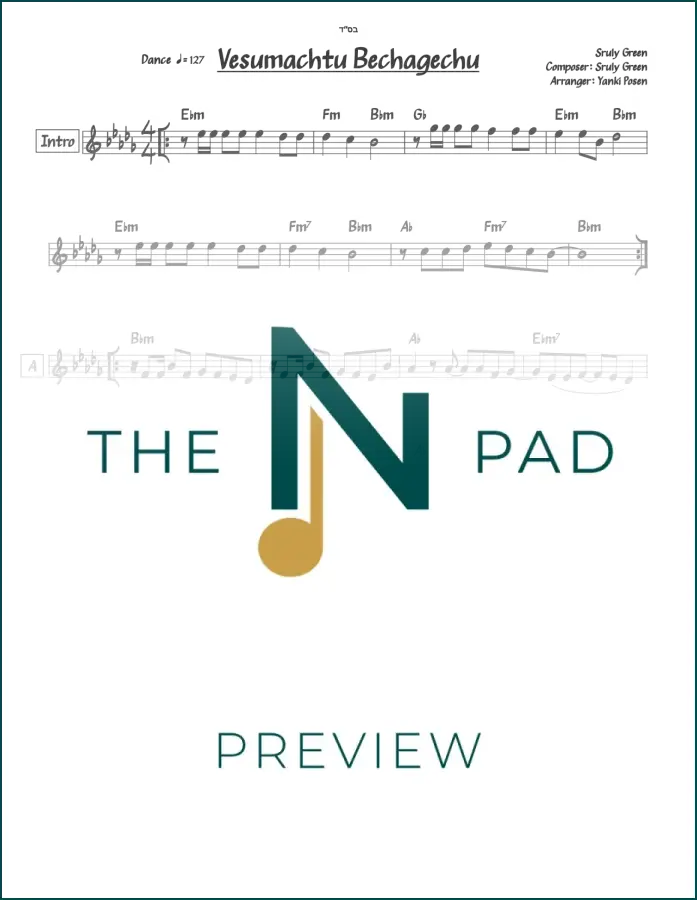 Sheet music for Vesumachtu - Sruly Green by The Notation Pad, featuring lead sheet with musical notes on a green background.