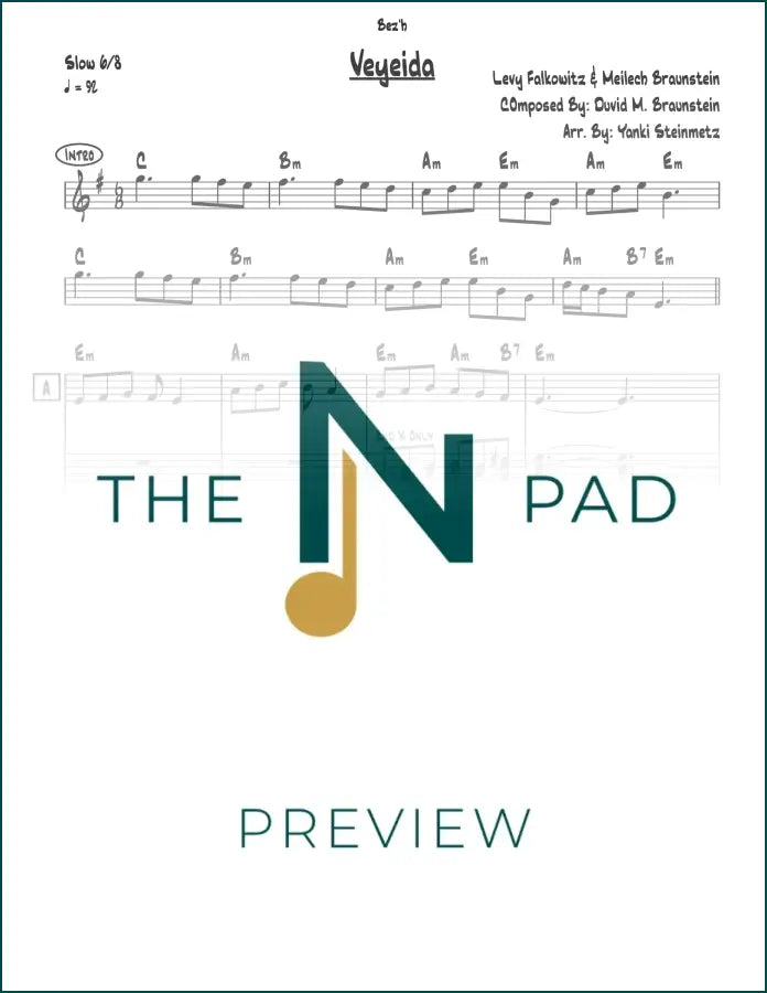 Sheet music titled "Veyeida - Falkowitz - Braunstein" by The Notation Pad, featuring a three-line musical staff.