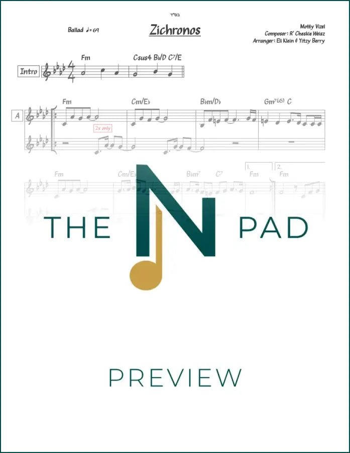 Two-line sheet music titled "Zichronos" by Cheskie Weisz from The Notation Pad, shown in black and white on the cover.