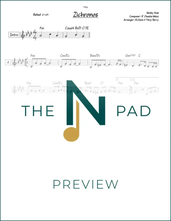 Sheet music for "Zichronos" by Cheskie Weisz from The Notation Pad, featuring musical notation on a printed lead sheet.